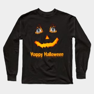 Scary carved Jack O Lantern pumpkin face for Halloween with fiery blue eyes. Long Sleeve T-Shirt